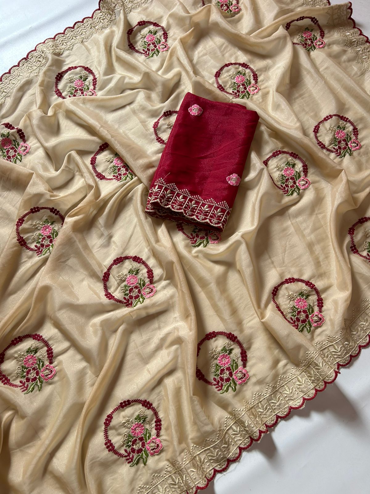 Forbearance Function Wear Georgette Embroidery Work Butta Flower Design Saree With Contrast Blouse Piece
