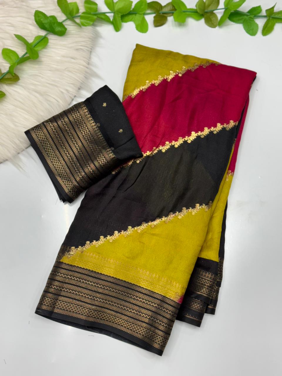 Heritage Partywear Soft Dola Silk Foil Print Zari Weaving Border Fancy Designer Saree With Blouse Piece