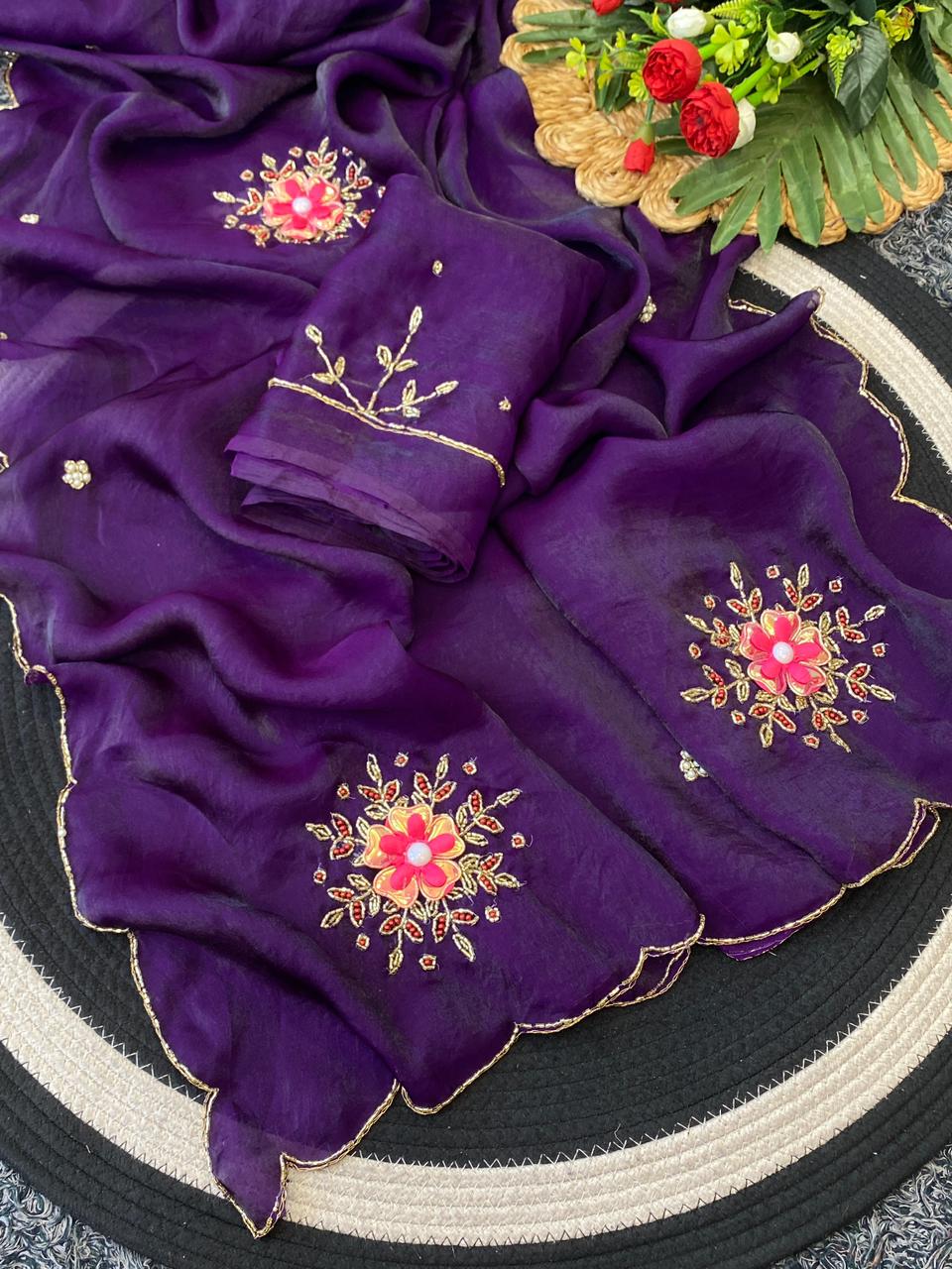 Blooming Festive Wear Soft Silk Handwork Fancy Designer Saree With Blissful Blouse Piece
