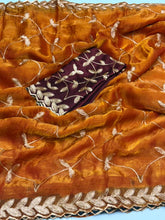 Load image into Gallery viewer, Dazzling Party Wear Satin Chiffon Embroidery With Tussels Work Designer Saree With Contrast Blouse Piece
