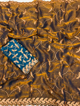 Load image into Gallery viewer, Dazzling Party Wear Satin Chiffon Embroidery With Tussels Work Designer Saree With Contrast Blouse Piece
