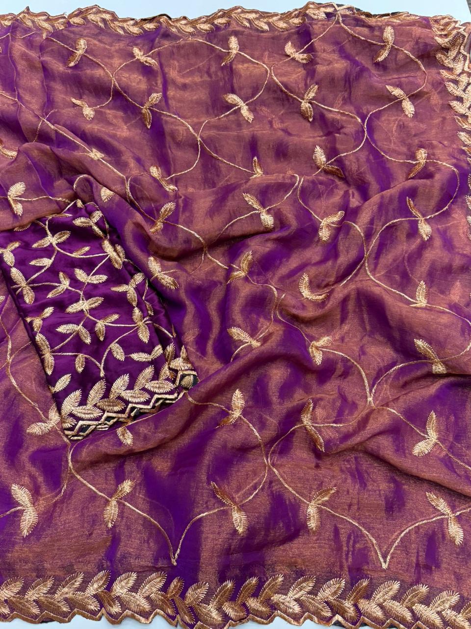 Dazzling Party Wear Satin Chiffon Embroidery Work Designer Saree With Contrast Blouse Piece