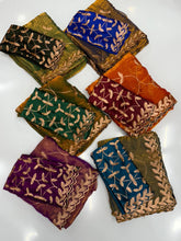 Load image into Gallery viewer, Dazzling Party Wear Satin Chiffon Embroidery With Tussels Work Designer Saree With Contrast Blouse Piece
