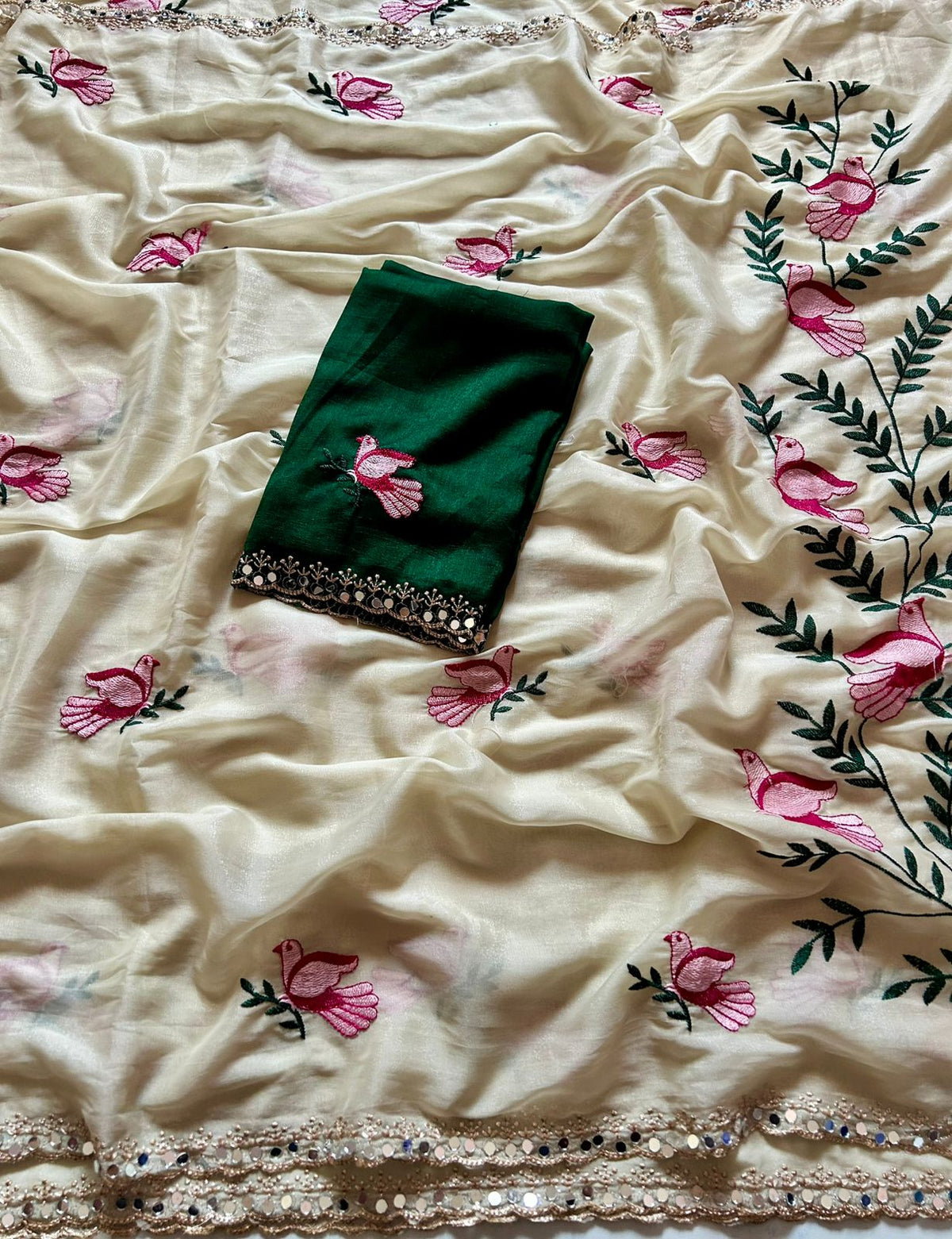 Stunning Party Wear Soft Rangoli Silk Embroidery n Mirror Work Fancy Designer Saree With Contrast Blouse Piece