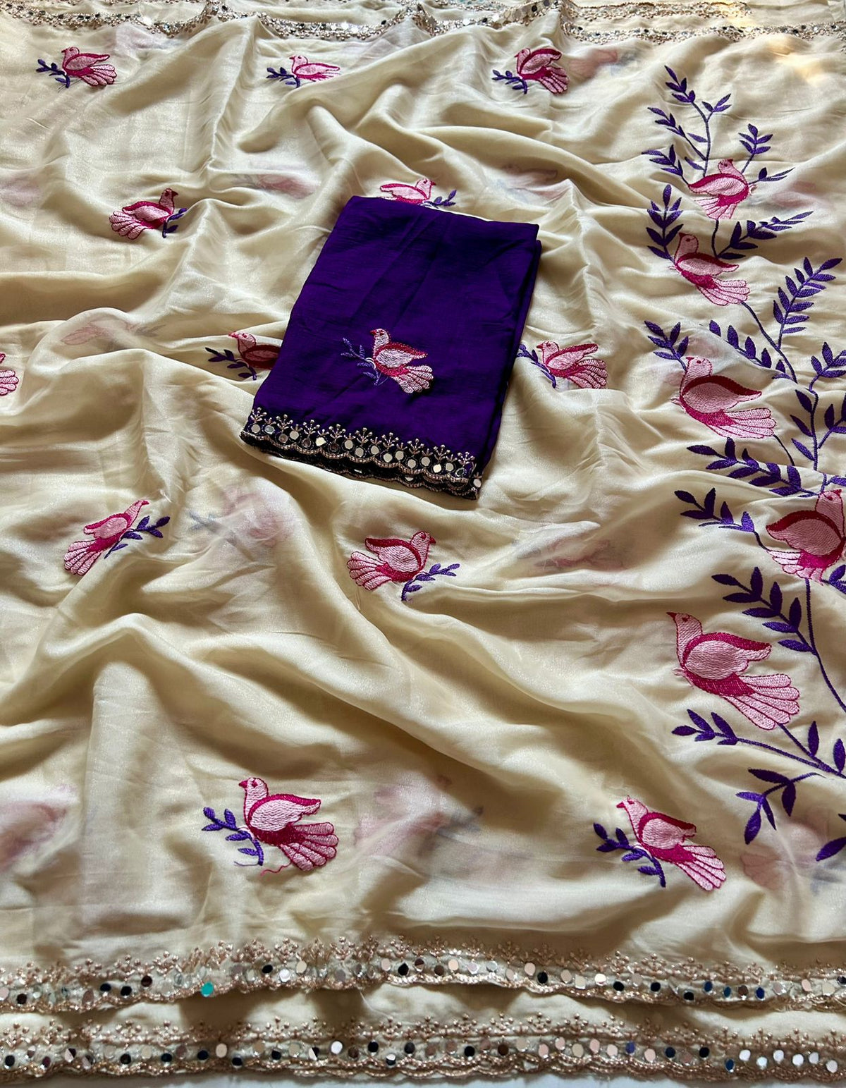 Stunning Party Wear Soft Rangoli Silk Embroidery n Mirror Work Fancy Designer Saree With Contrast Blouse Piece