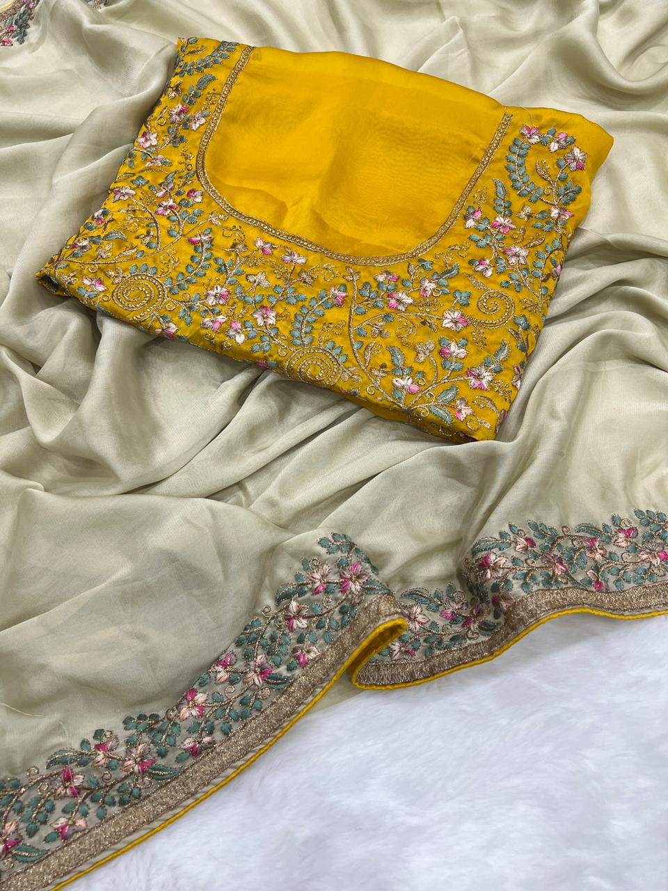 Regal Function Wear Soft Rangoli Silk Embroidery Work Fancy Designer Saree With Contrast Blouse Piece