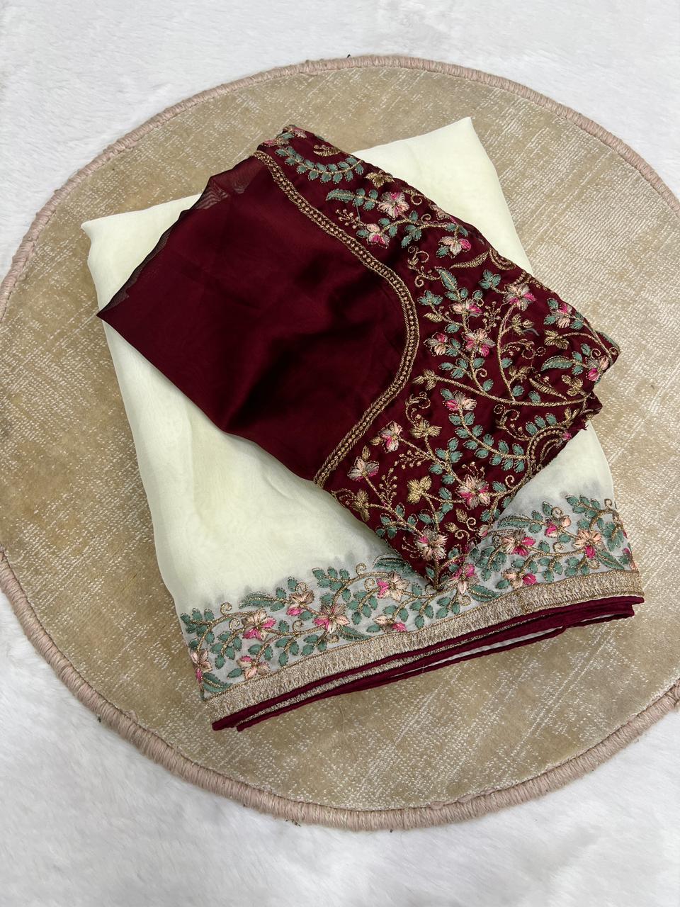 Regal Function Wear Soft Rangoli Silk Embroidery Work Fancy Designer Saree With Contrast Blouse Piece