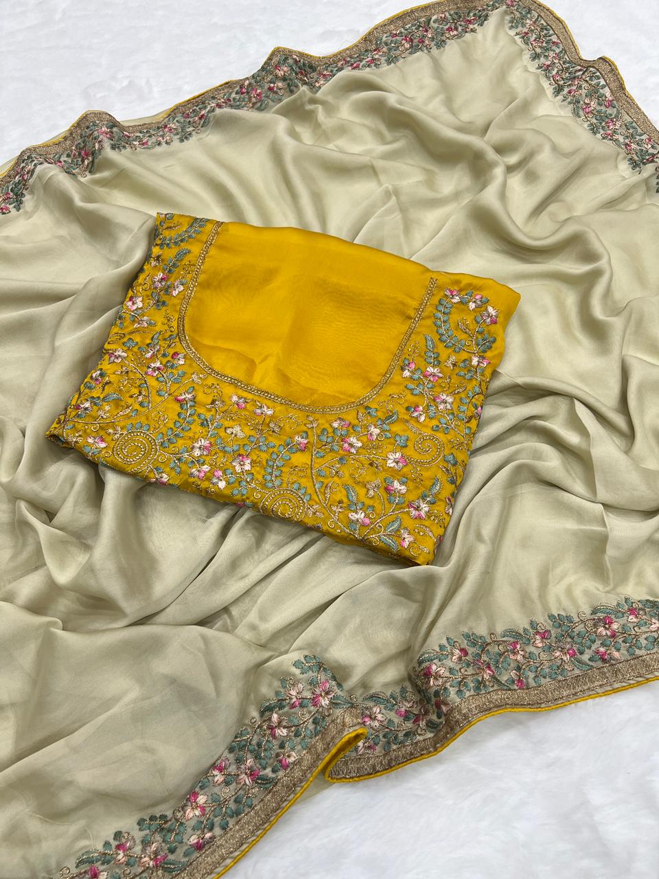 Regal Function Wear Soft Rangoli Silk Embroidery Work Fancy Designer Saree With Contrast Blouse Piece