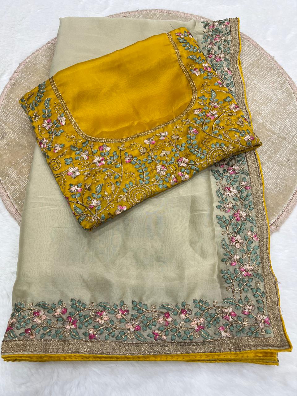 Regal Function Wear Soft Rangoli Silk Embroidery Work Fancy Designer Saree With Contrast Blouse Piece