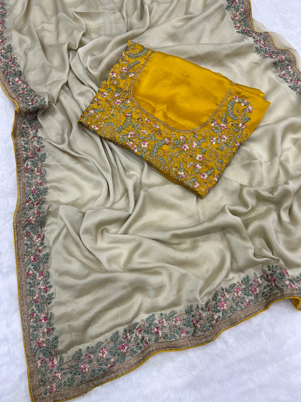 Regal Function Wear Soft Rangoli Silk Embroidery Work Fancy Designer Saree With Contrast Blouse Piece