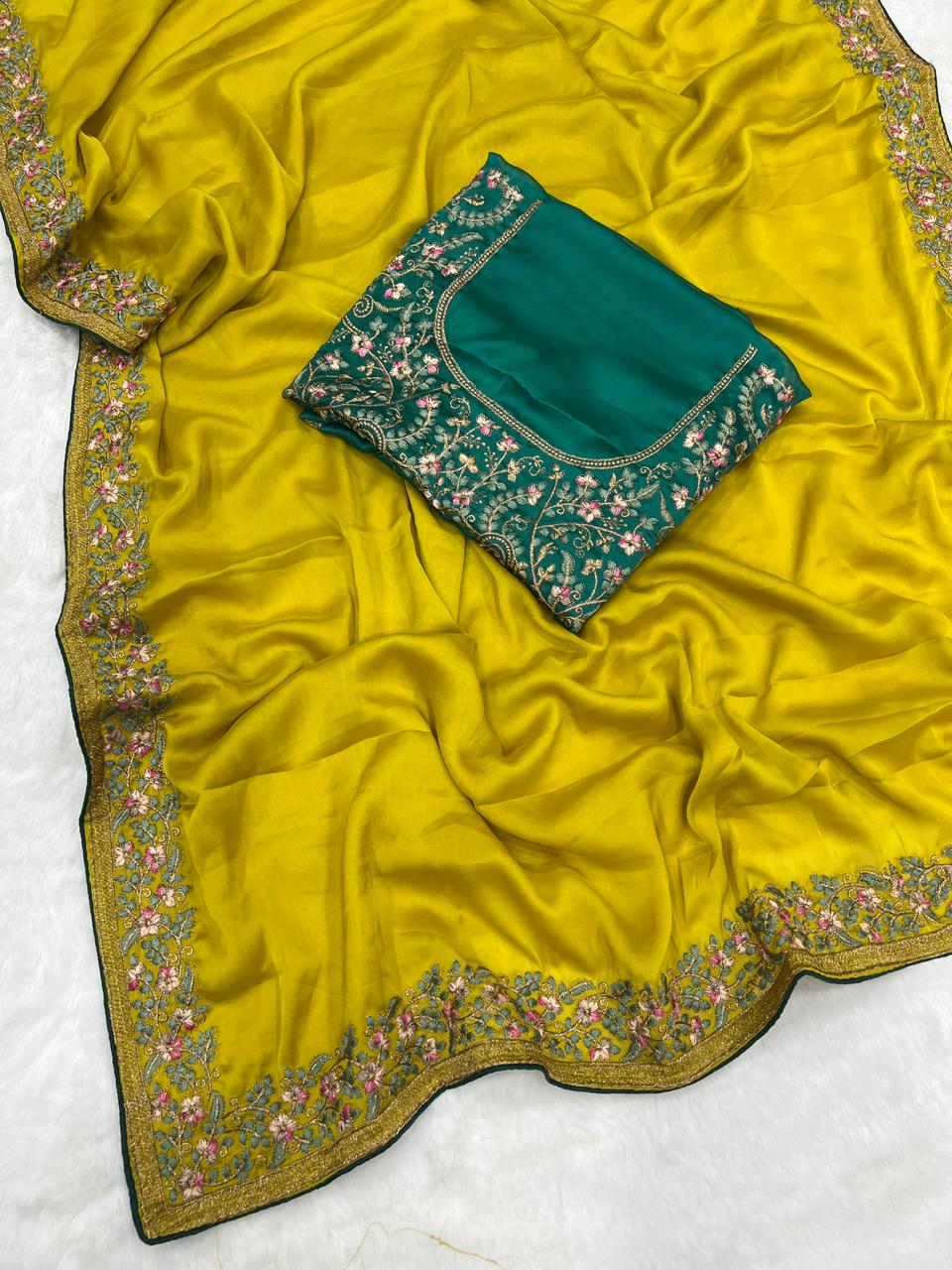 Regal Function Wear Soft Rangoli Silk Embroidery Work Fancy Designer Saree With Contrast Blouse Piece