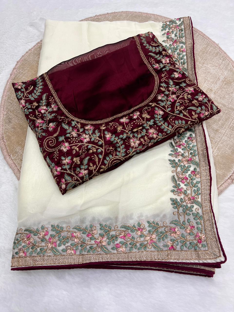 Regal Function Wear Soft Rangoli Silk Embroidery Work Fancy Designer Saree With Contrast Blouse Piece