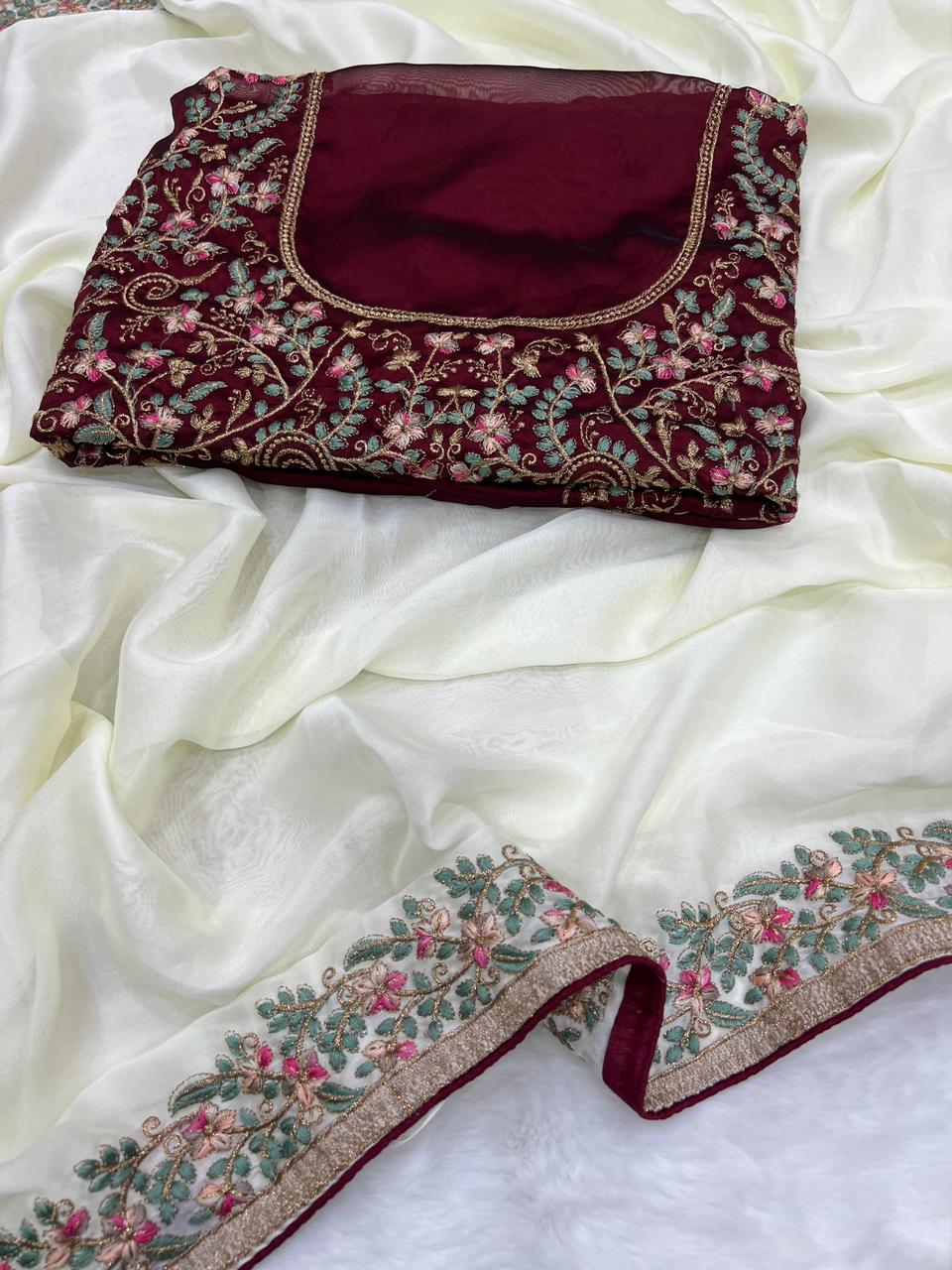 Regal Function Wear Soft Rangoli Silk Embroidery Work Fancy Designer Saree With Contrast Blouse Piece