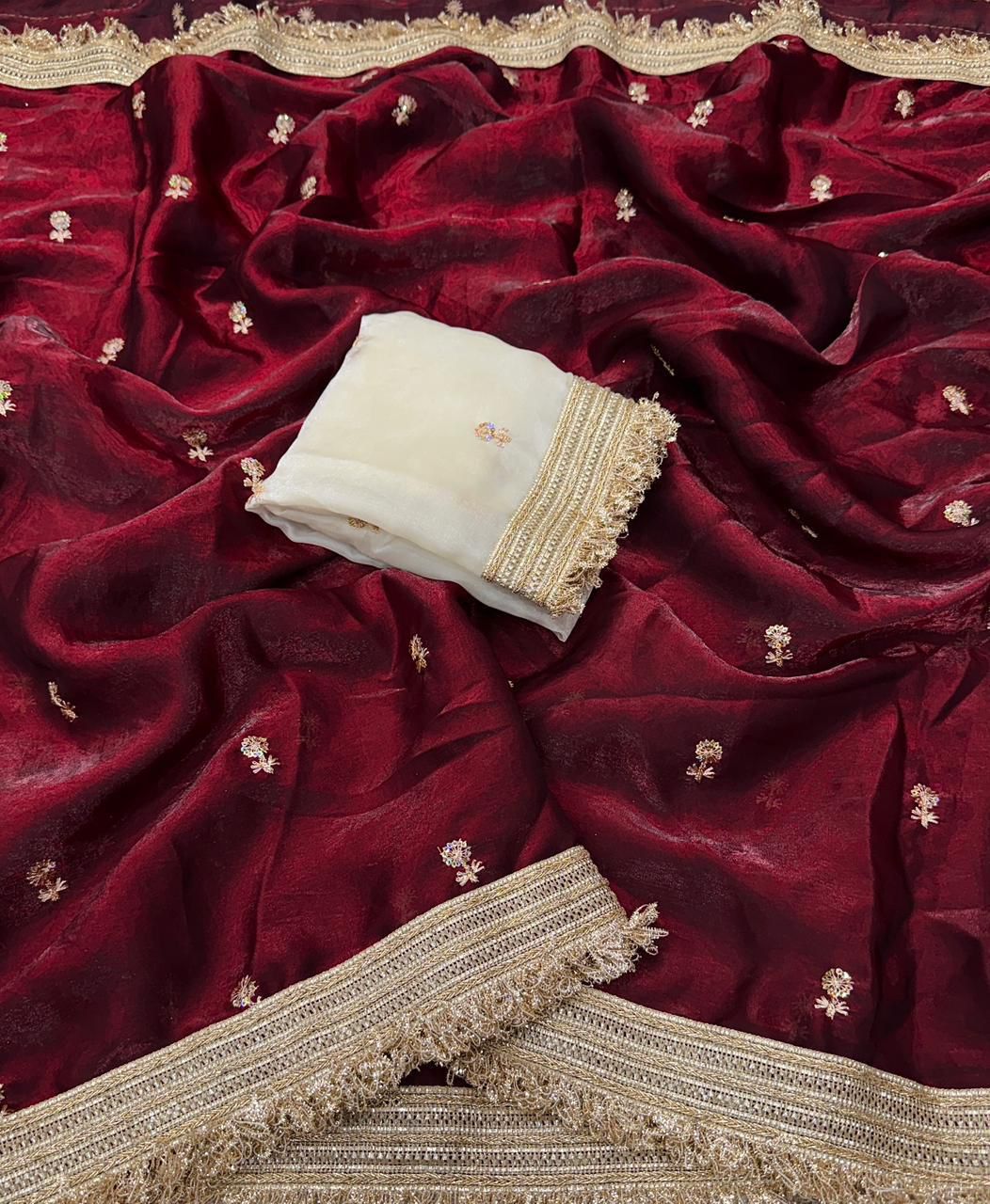 Gratifying Function Wear Satin Silk Embroidery n Sequence Work Saree With Elegant Blouse Piece