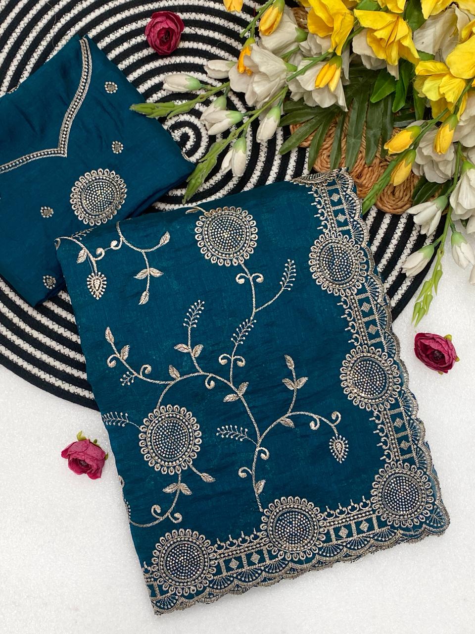Splendorous Function Wear Pure Soft Vichitra Silk Embroidery Work Designer Saree For Wedding