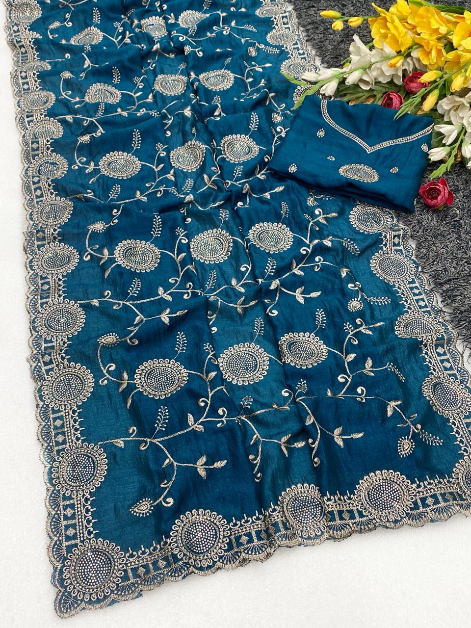 Splendorous Function Wear Pure Soft Vichitra Silk Embroidery Work Designer Saree For Wedding