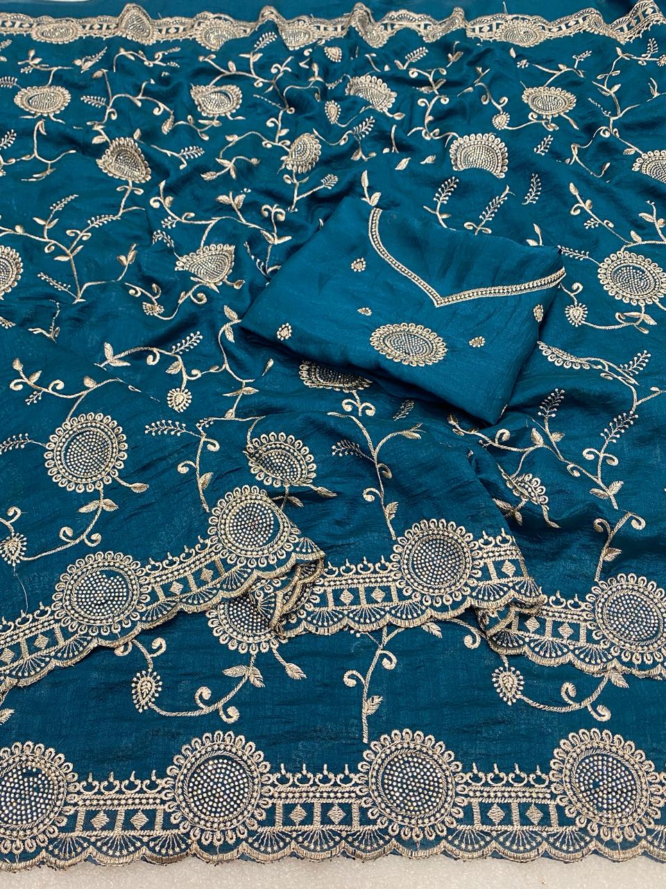 Splendorous Function Wear Pure Soft Vichitra Silk Embroidery Work Designer Saree For Wedding