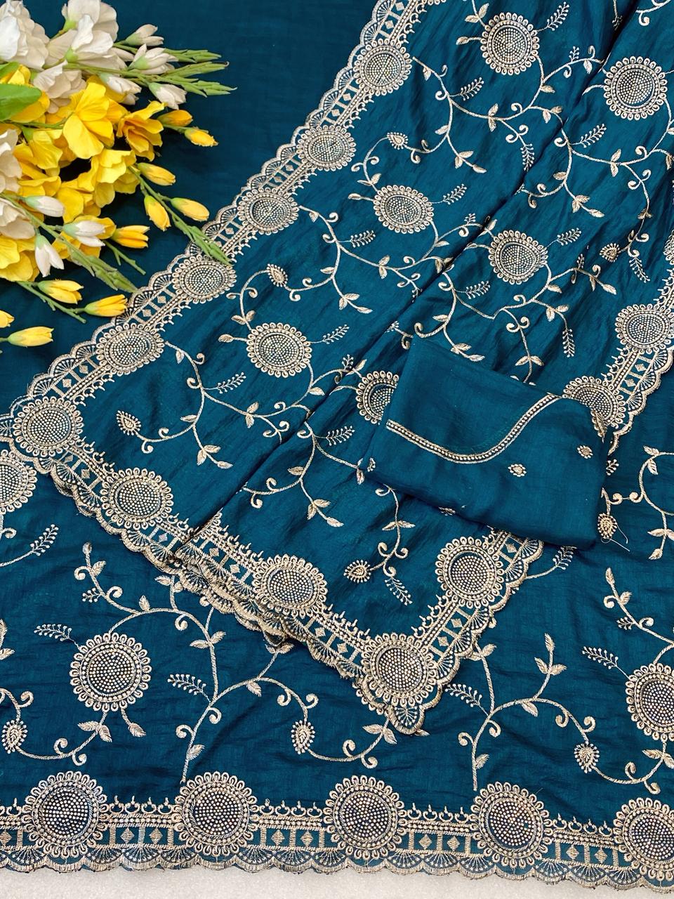 Splendorous Function Wear Pure Soft Vichitra Silk Embroidery Work Designer Saree For Wedding