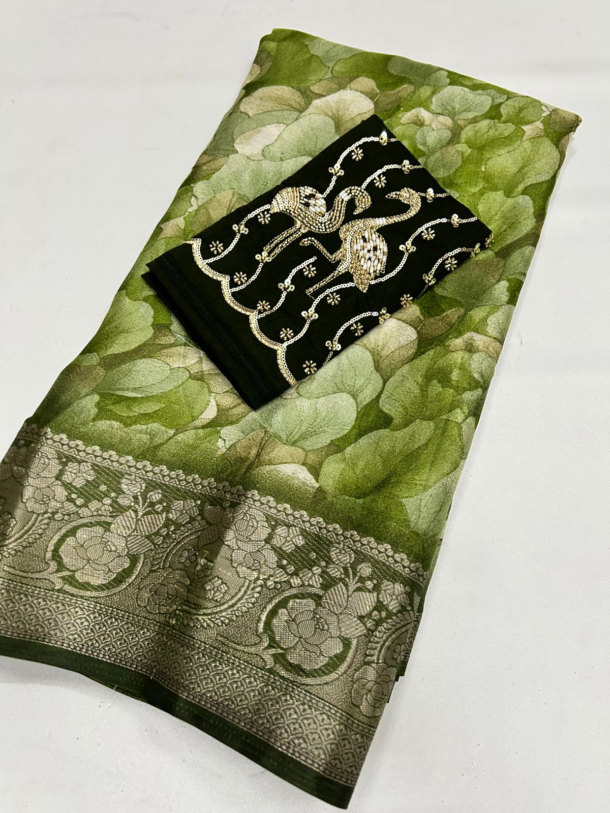 Desirable Function Wear Soft Chiffon Beautiful Print n Siroski Work Fancy Designer Saree With Contrast Blouse Piece