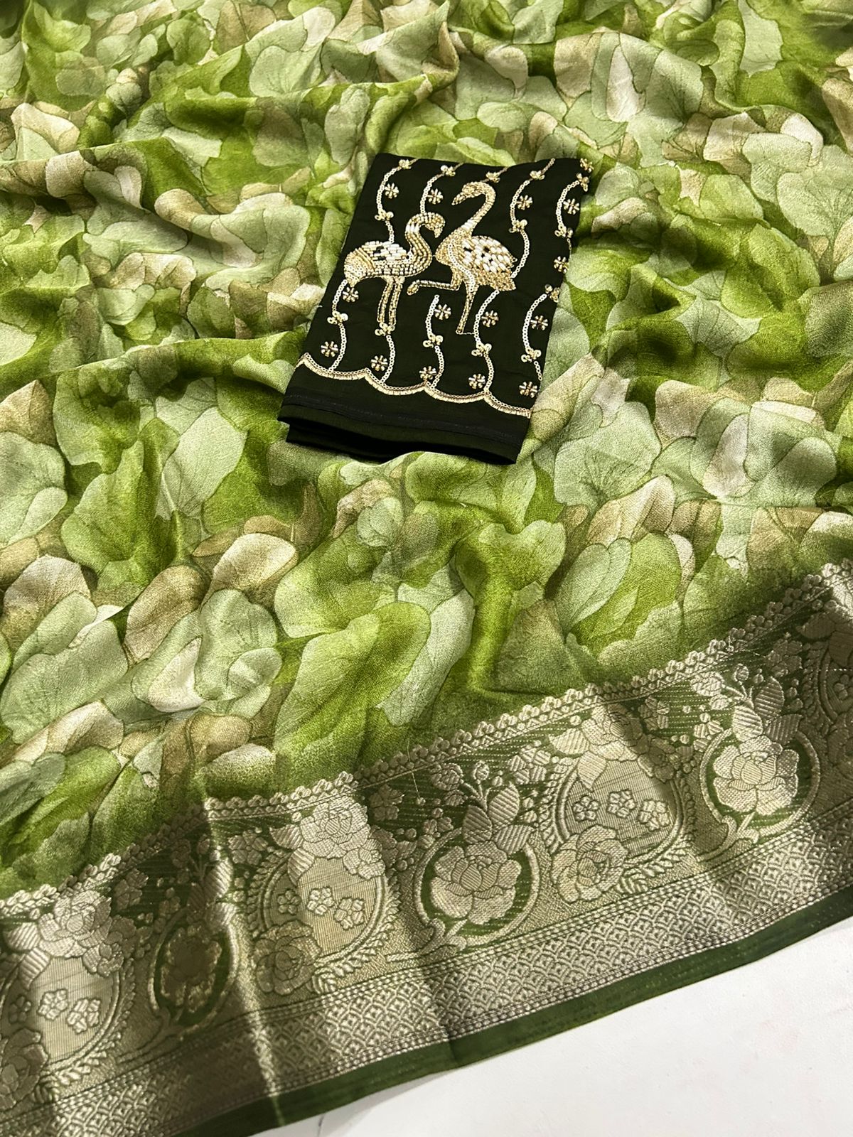 Desirable Function Wear Soft Chiffon Beautiful Print n Siroski Work Fancy Designer Saree With Contrast Blouse Piece