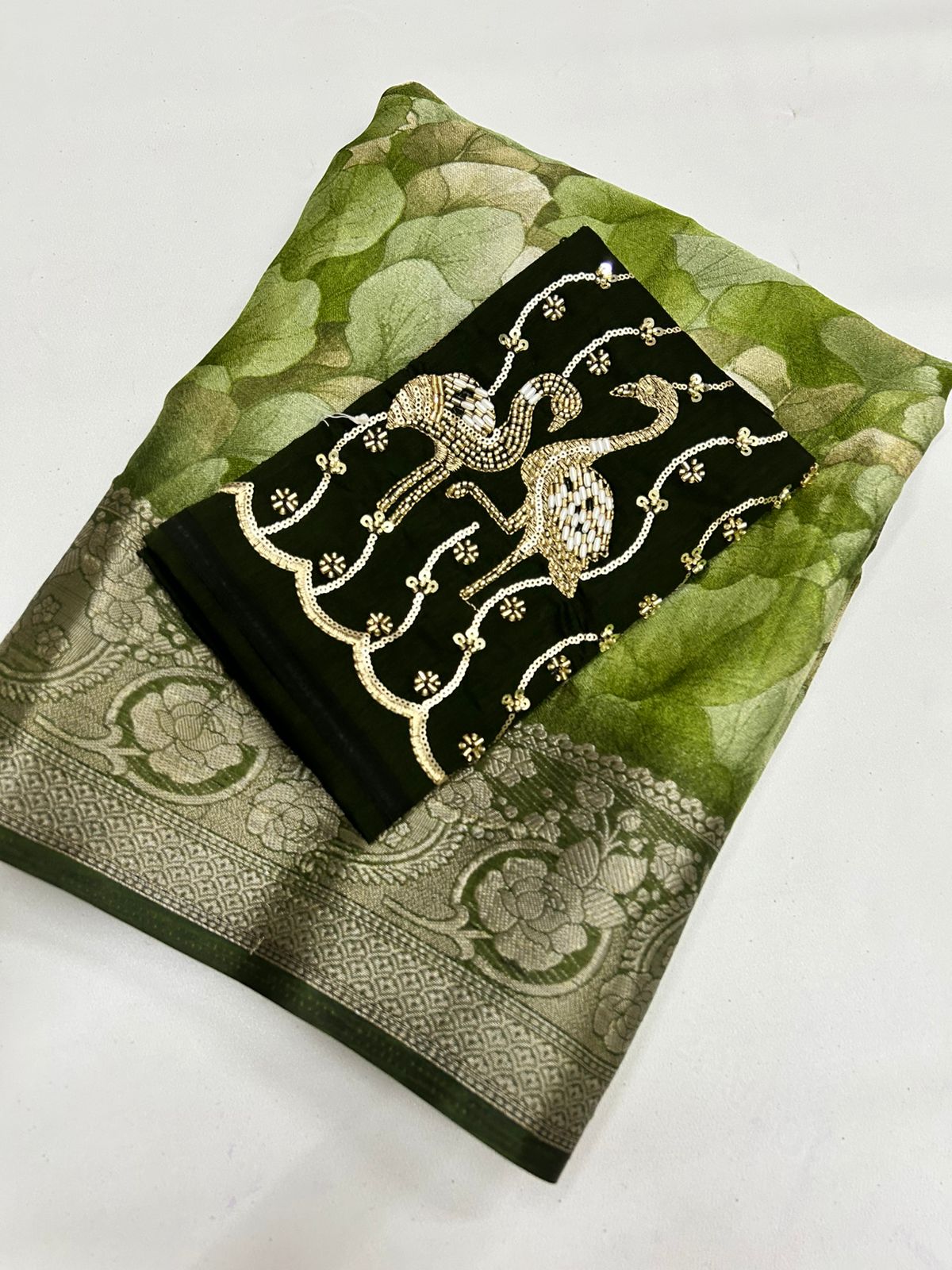 Desirable Function Wear Soft Chiffon Beautiful Print n Siroski Work Fancy Designer Saree With Contrast Blouse Piece