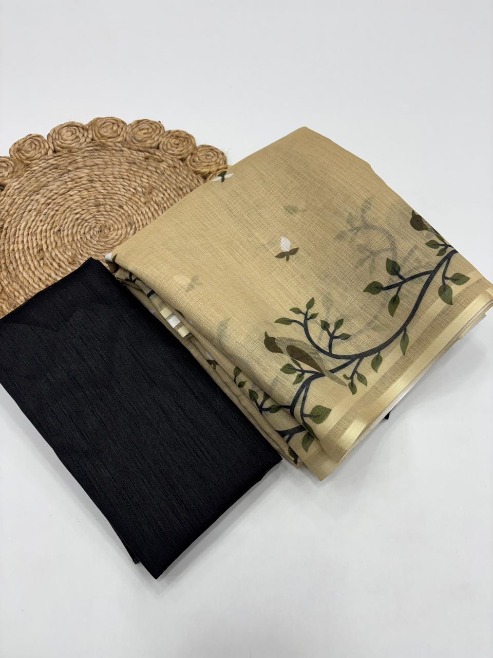 Opulent Festive Wear Soft Linen Cotton Print With Tussles Work Fancy Designer Saree With Blouse Piece