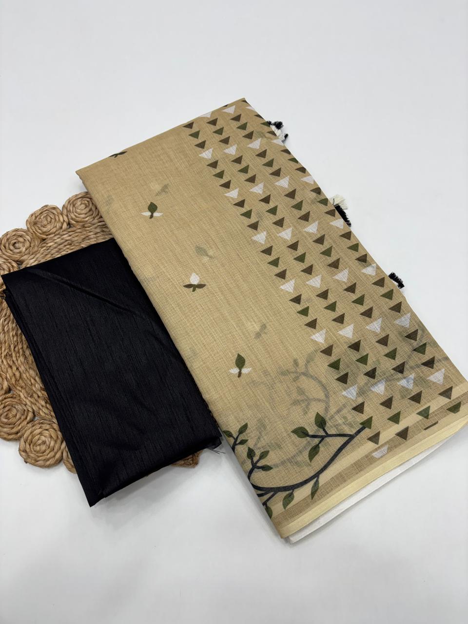 Opulent Festive Wear Soft Linen Cotton Print With Tussles Work Fancy Designer Saree With Blouse Piece