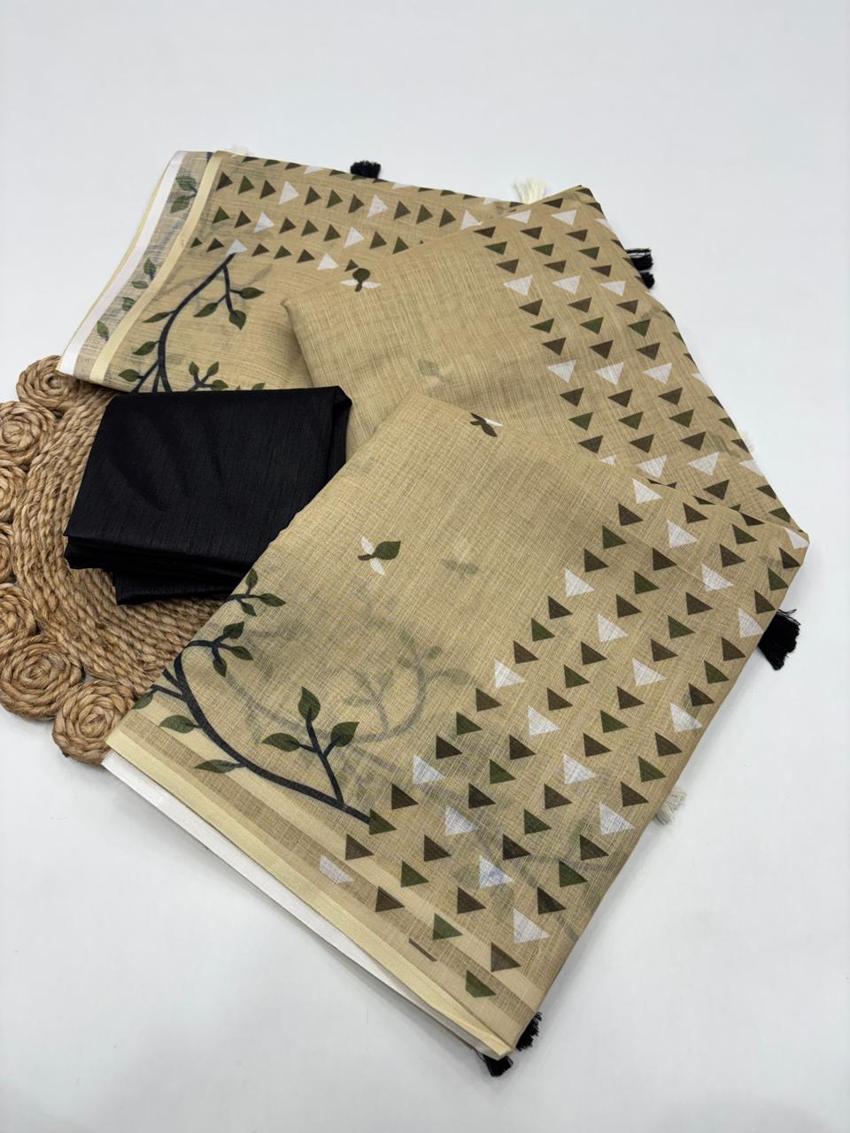 Opulent Festive Wear Soft Linen Cotton Print With Tussles Work Fancy Designer Saree With Blouse Piece