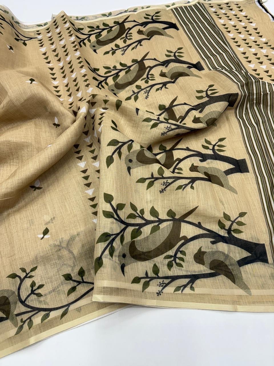 Opulent Festive Wear Soft Linen Cotton Print With Tussles Work Fancy Designer Saree With Blouse Piece