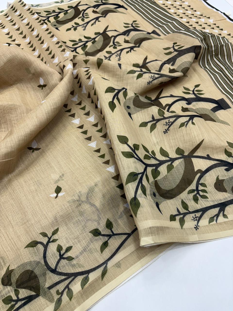 Opulent Festive Wear Soft Linen Cotton Print With Tussles Work Fancy Designer Saree With Blouse Piece