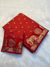 Load image into Gallery viewer, Graceful Party Wear Soft Tussar Silk Jacquard Weaving Work Rich Pallu Fancy Designer Saree With Blouse
