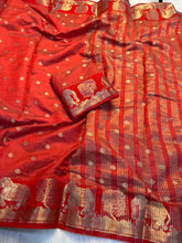 Load image into Gallery viewer, Graceful Party Wear Soft Tussar Silk Jacquard Weaving Work Rich Pallu Fancy Designer Saree With Blouse
