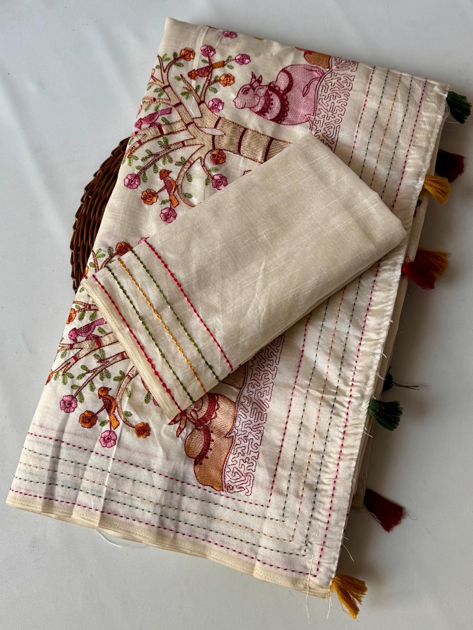 Stunning Party Wear Tussar Silk Heavy Embroidery Work Fancy Designer Saree With Blouse Piece