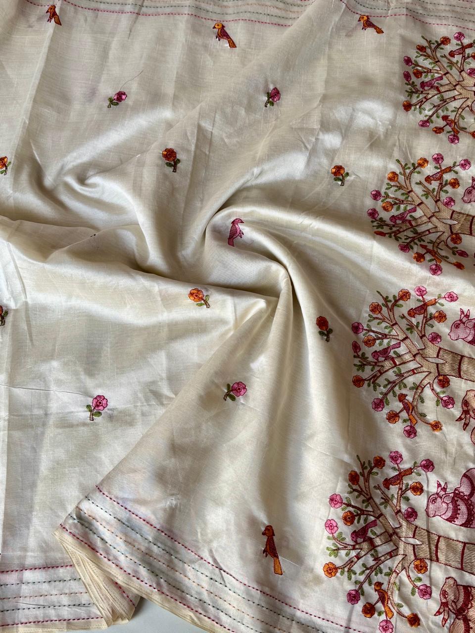Stunning Party Wear Tussar Silk Heavy Embroidery Work Fancy Designer Saree With Blouse Piece