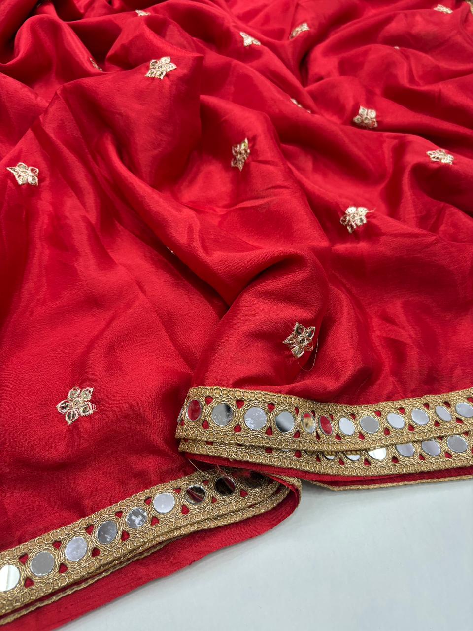 Dazzling Party Wear Pure Soft Chinon Silk Embroidery n Mirror Work Lace Designer Saree For Wedding