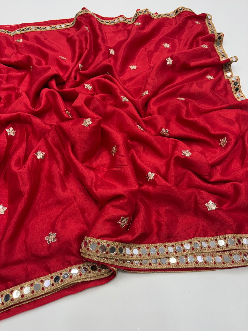 Dazzling Party Wear Pure Soft Chinon Silk Embroidery n Mirror Work Lace Designer Saree For Wedding