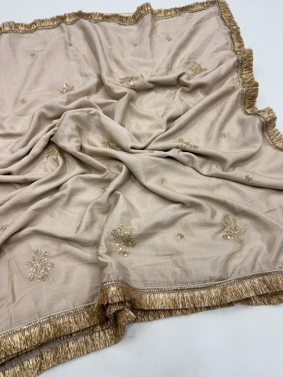 Delightful Festive Wear Pure Soft Chinon Silk Embroidery Sequence Work Designer Saree With Elegant Blouse Piece