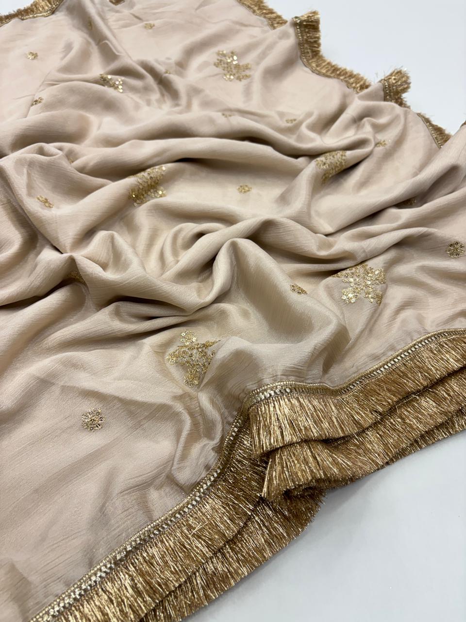 Delightful Festive Wear Pure Soft Chinon Silk Embroidery Sequence Work Designer Saree With Elegant Blouse Piece