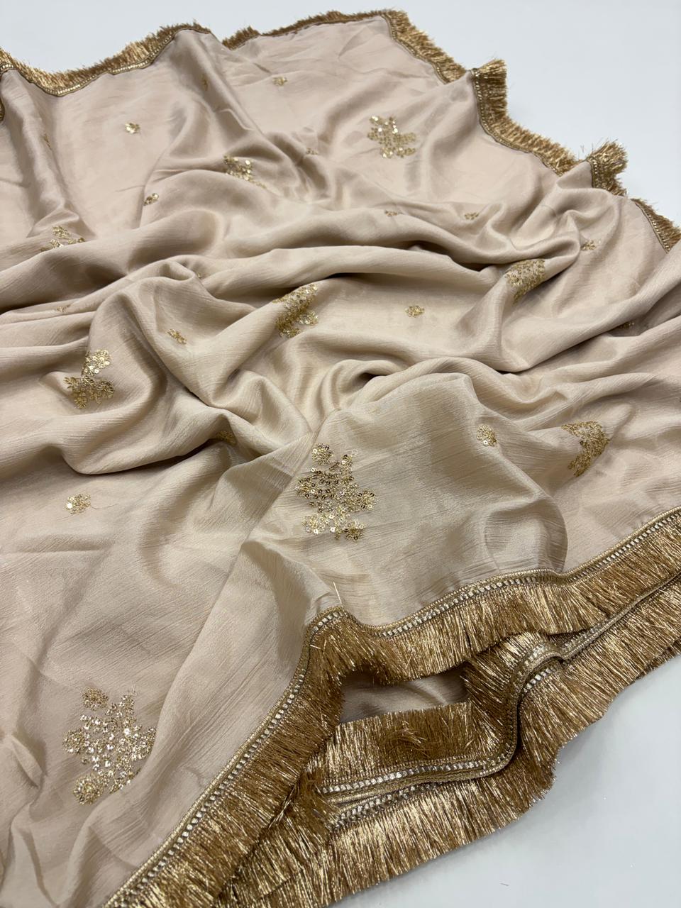 Delightful Festive Wear Pure Soft Chinon Silk Embroidery Sequence Work Designer Saree With Elegant Blouse Piece