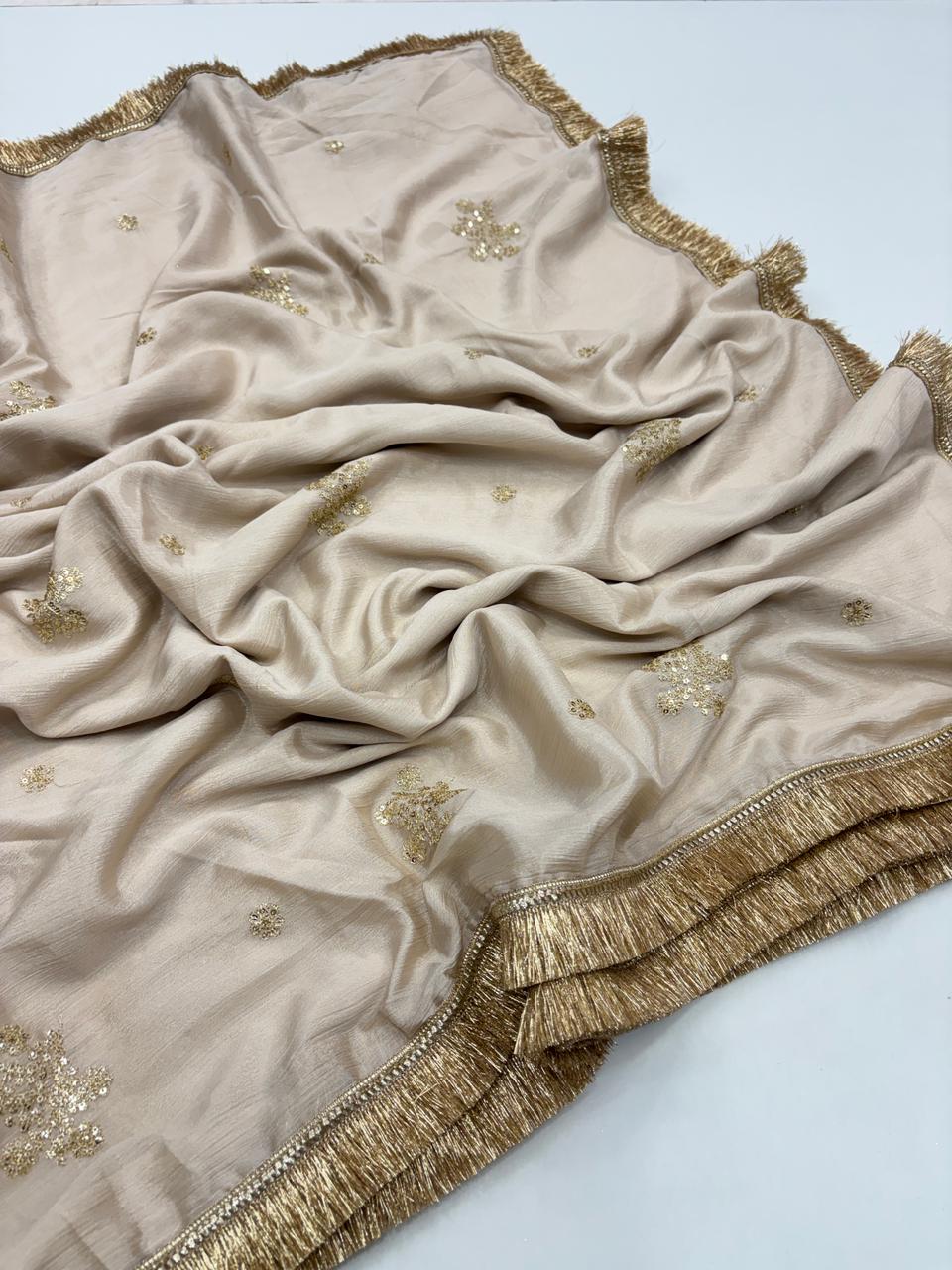 Delightful Festive Wear Pure Soft Chinon Silk Embroidery Sequence Work Designer Saree With Elegant Blouse Piece