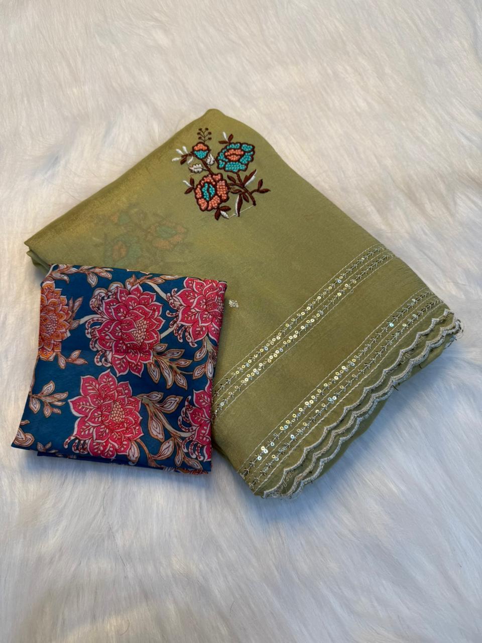 Charismatic Wedding Wear Pure Crunchy Embroidery Sequence Work Saree With Banarasi Silk Blouse For Ocassion