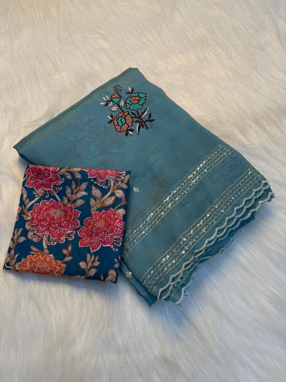 Charismatic Wedding Wear Pure Crunchy Embroidery Sequence Work Saree With Banarasi Silk Blouse For Ocassion