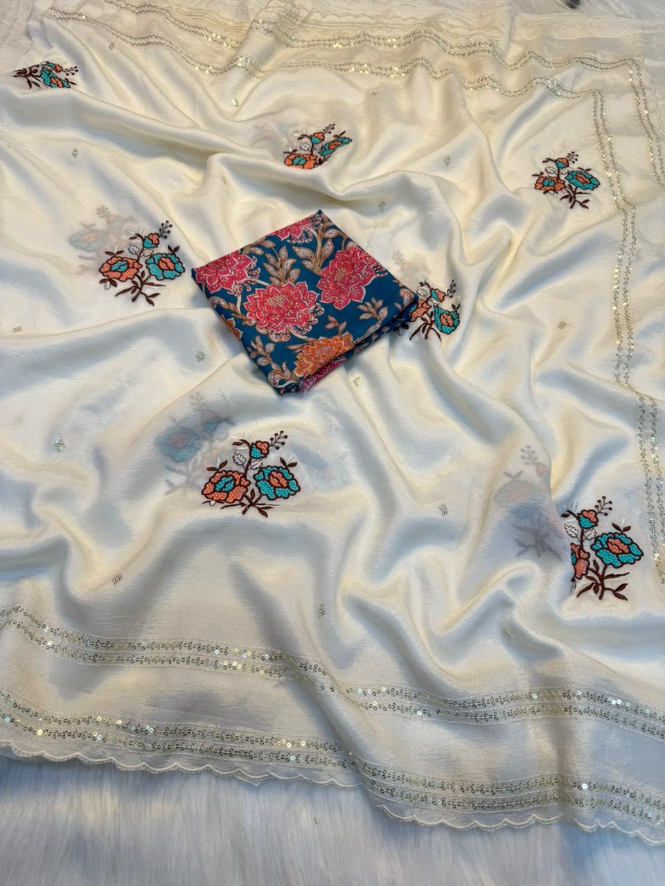 Charismatic Wedding Wear Pure Crunchy Embroidery Sequence Work Saree With Banarasi Silk Blouse For Ocassion