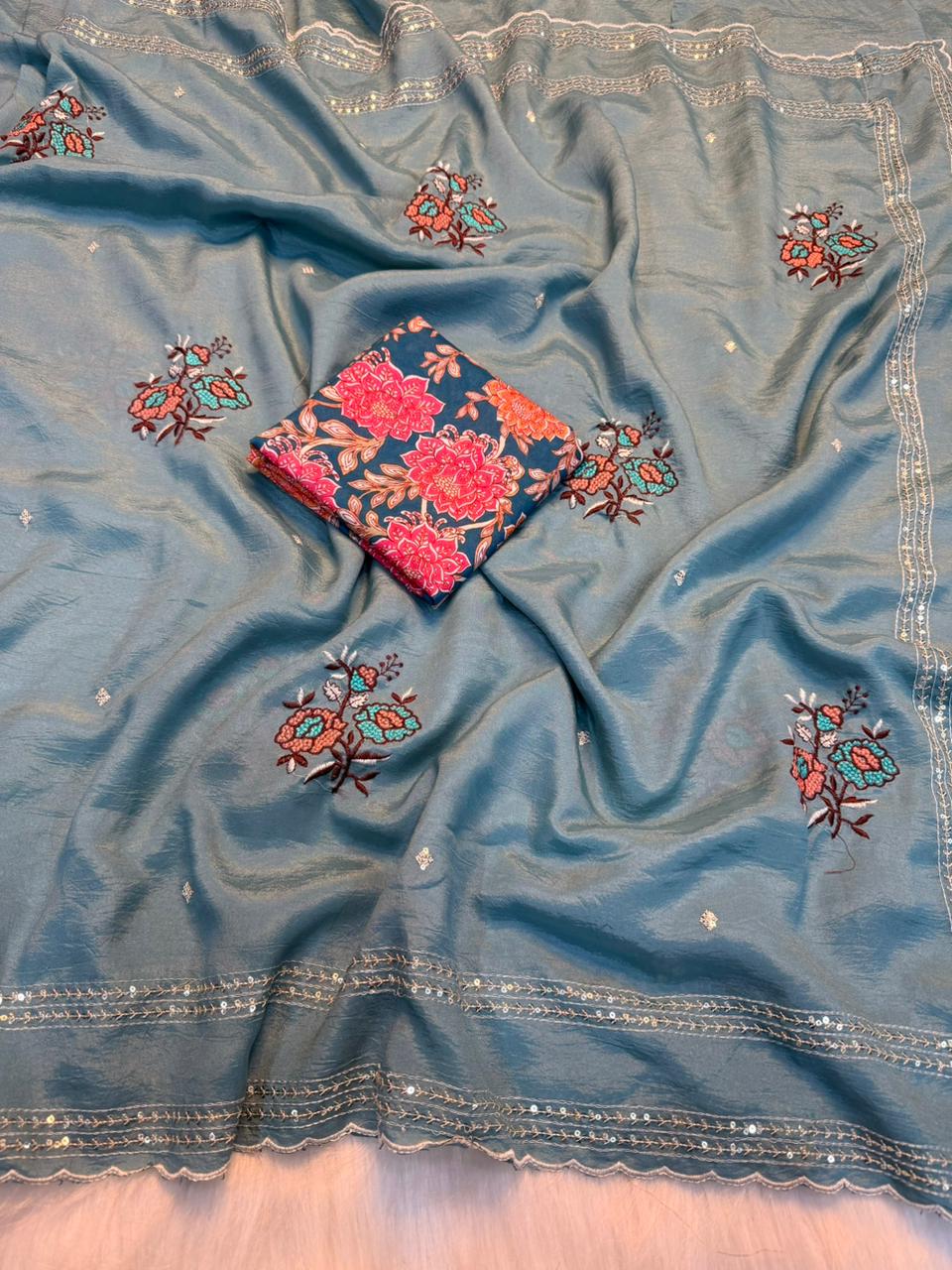 Charismatic Wedding Wear Pure Crunchy Embroidery Sequence Work Saree With Banarasi Silk Blouse For Ocassion