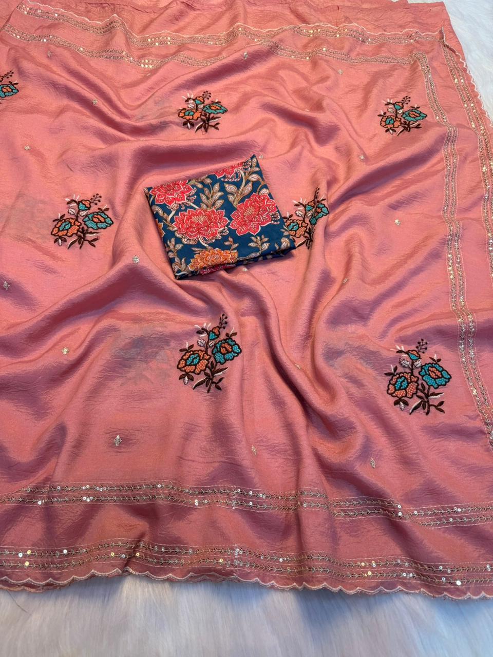 Charismatic Wedding Wear Pure Crunchy Embroidery Sequence Work Saree With Banarasi Silk Blouse For Ocassion