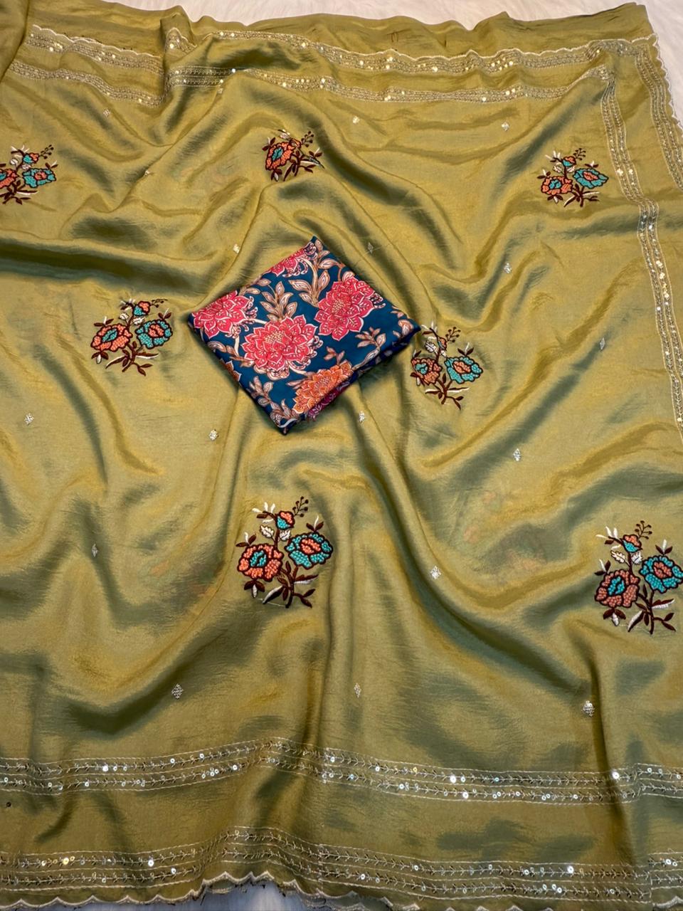 Charismatic Wedding Wear Pure Crunchy Embroidery Sequence Work Saree With Banarasi Silk Blouse For Ocassion