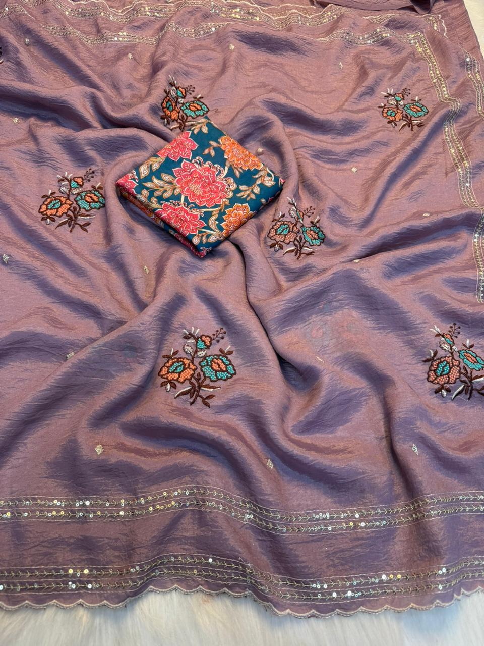 Charismatic Wedding Wear Pure Crunchy Embroidery Sequence Work Saree With Banarasi Silk Blouse For Ocassion
