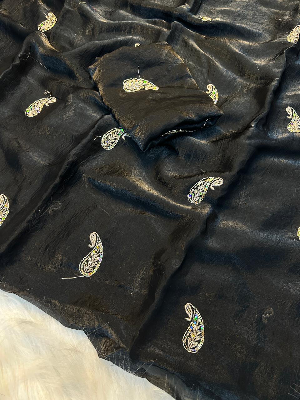 Entrancing Function Wear Silk Embroidery Sequence n Zari Work Fancy Designer Saree With Blouse Piece