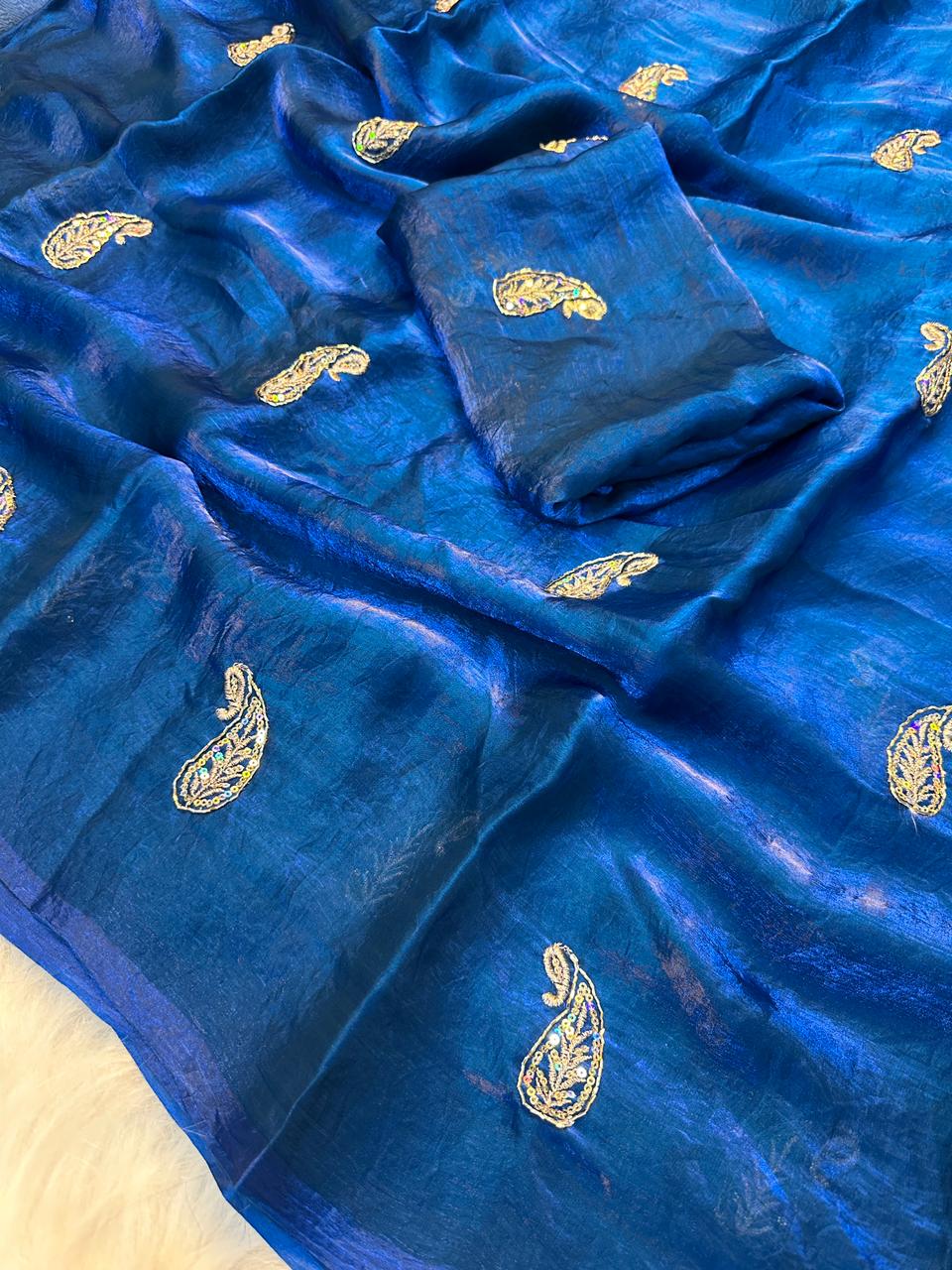 Entrancing Function Wear Silk Embroidery Sequence n Zari Work Fancy Designer Saree With Blouse Piece