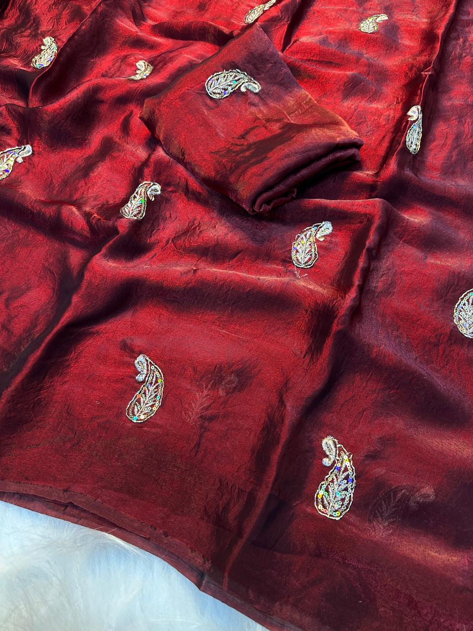 Entrancing Function Wear Silk Embroidery Sequence n Zari Work Fancy Designer Saree With Blouse Piece